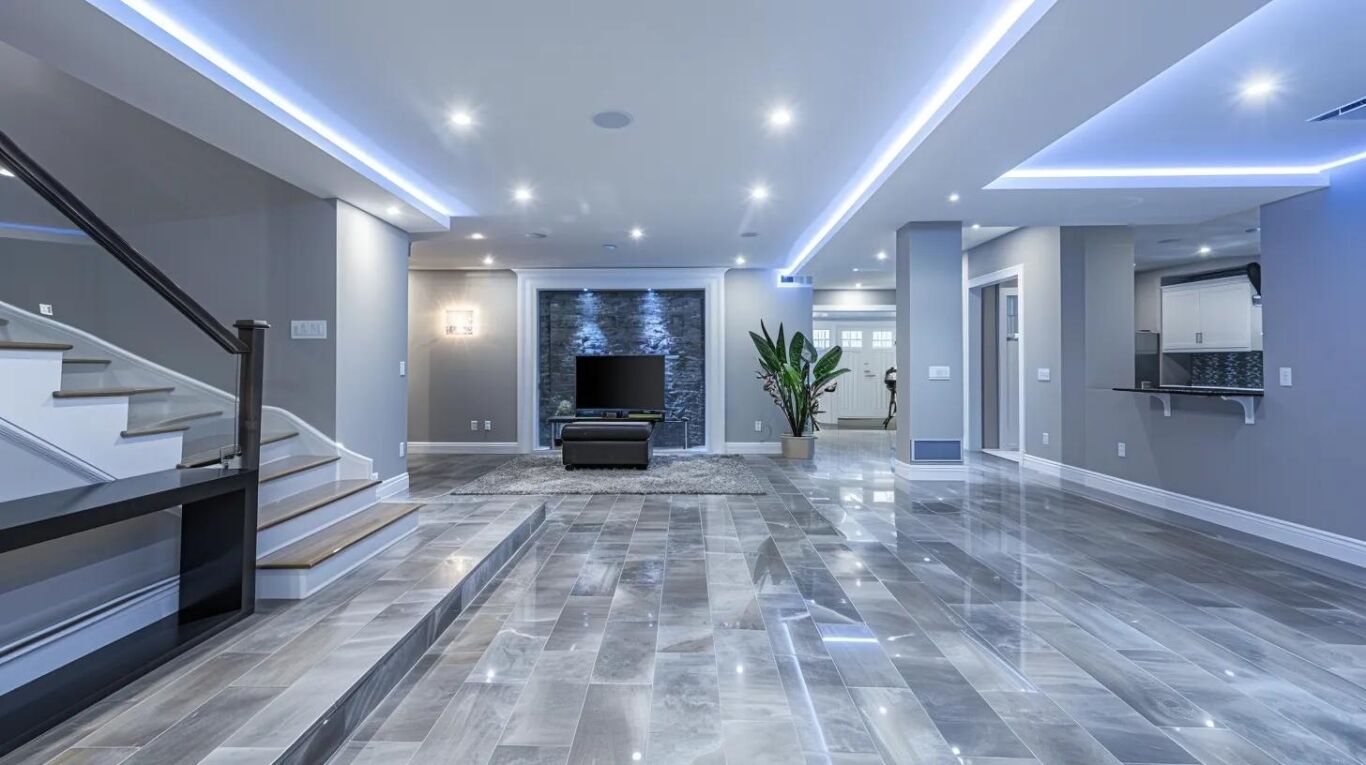 a sleek, modern basement with advanced waterproofing technology on display, showcasing well-sealed walls and gleaming flooring under bright artificial lighting, emphasizing the importance of moisture control in residential spaces.