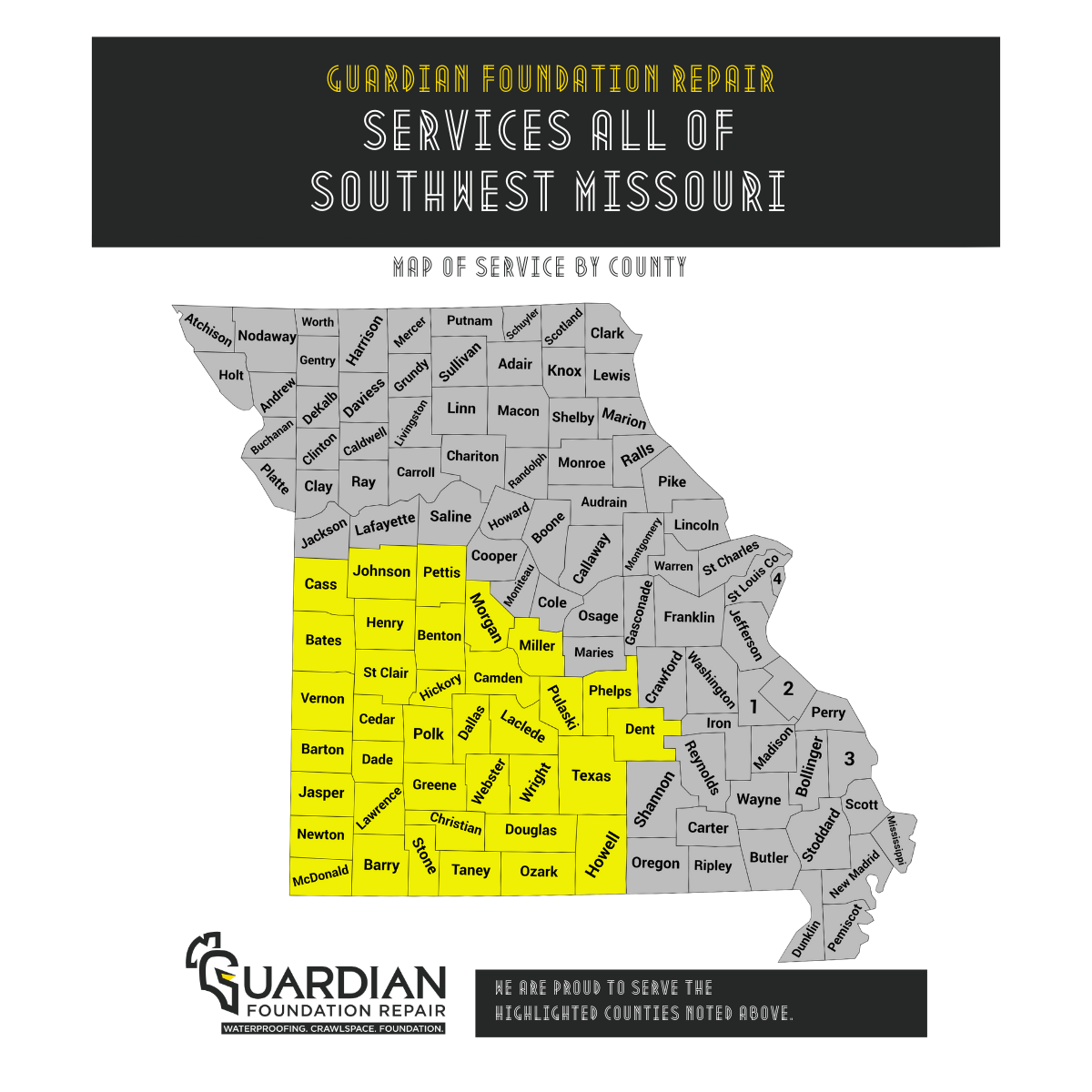 A map of Missouri with counties in the southwest region highlighted in yellow, showing Guardian Foundation Repair service areas. Guardian Foundation Repair logo is at the bottom.