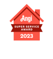 Red house-shaped badge with text