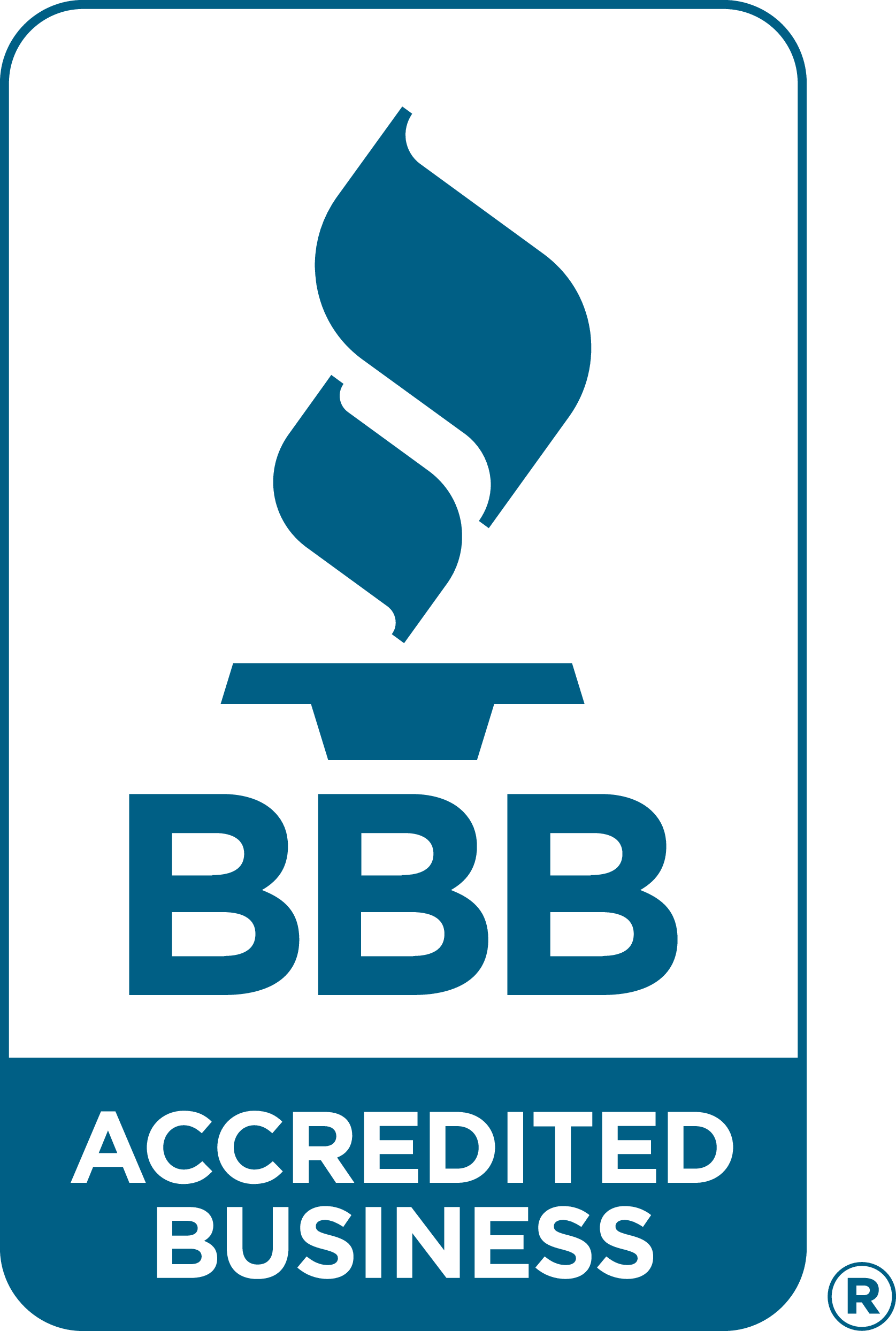 BBB Accredited Business logo featuring a blue torch above the letters