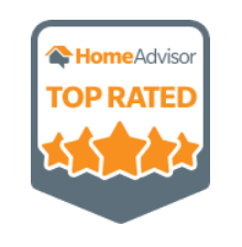 HomeAdvisor Top Rated badge with four and a half orange stars on a gray shield background.