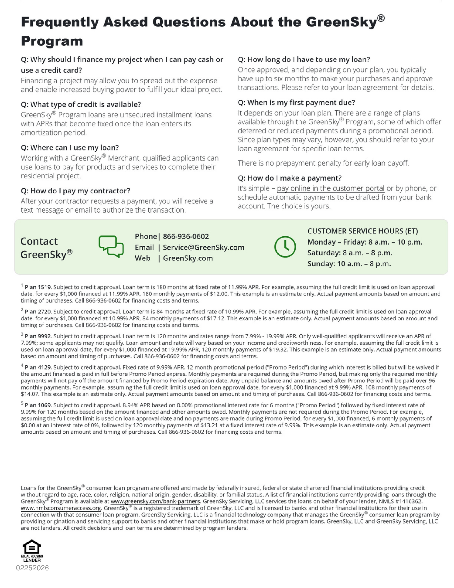 A FAQ sheet about the GreenSky&reg; Program, detailing payment options, loan information, customer service contact, and legal disclosures at the bottom.