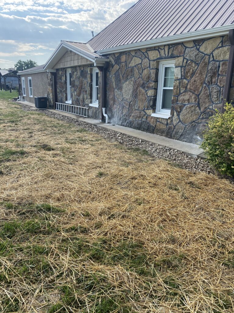 A stone house with white-trimmed windows, a sloped roof, and straw-covered ground in front of a concrete walkway along the side.