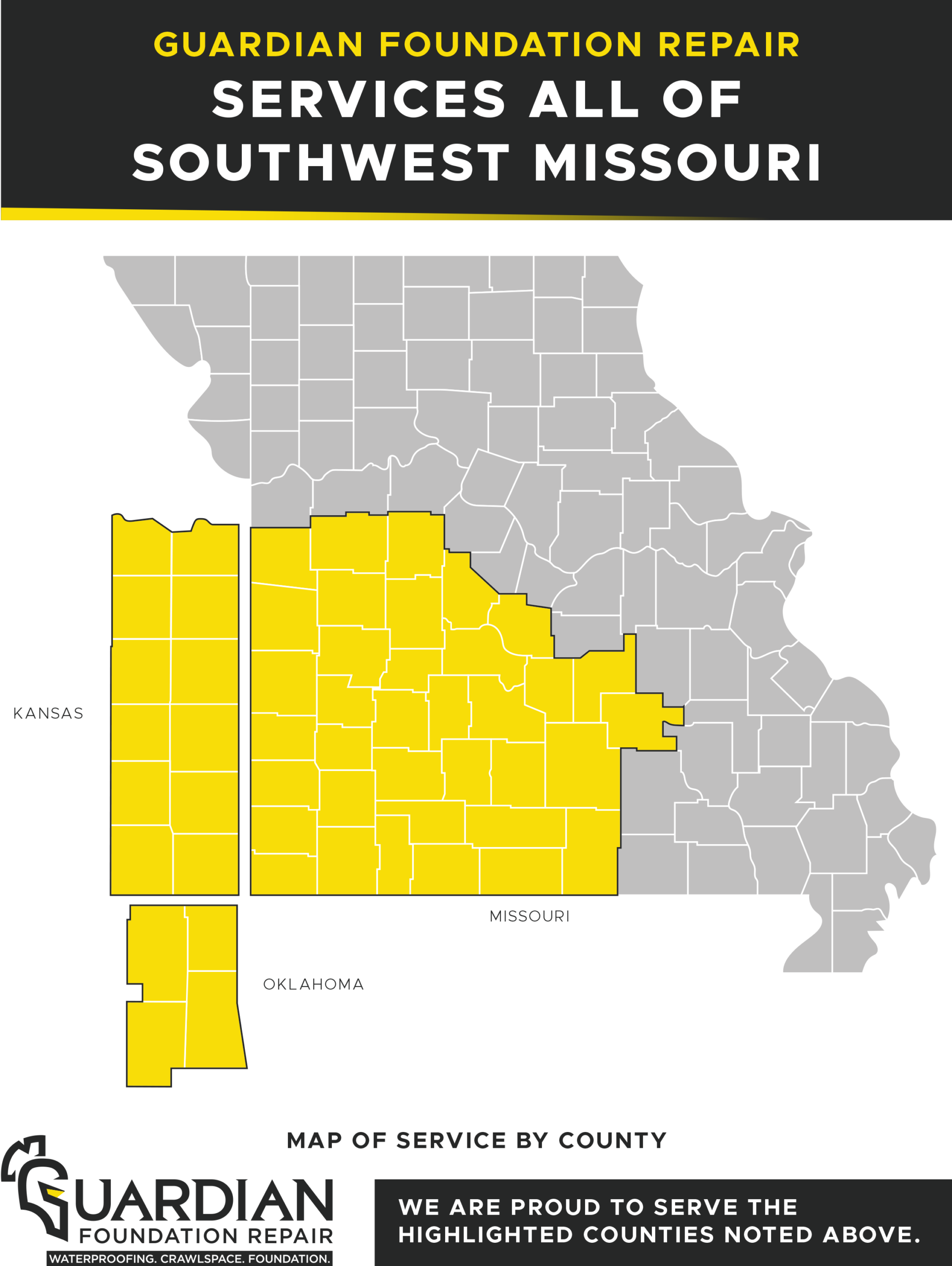 Map of Missouri highlighting counties in yellow across the southwest region, indicating the service area for Guardian Foundation Repair.