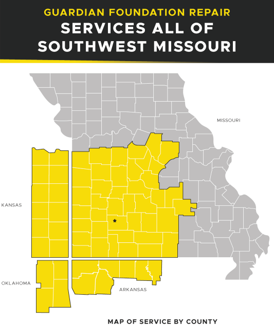 Map of Missouri highlighting counties in southwest Missouri serviced by Guardian Foundation Repair; serviced area is shaded yellow, rest of Missouri is gray.