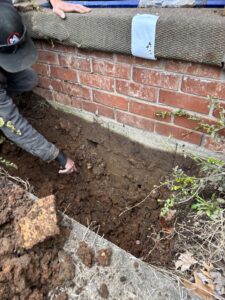 A person points at an excavated section of soil next to a brick house foundation, with exposed roots and construction materials visible.