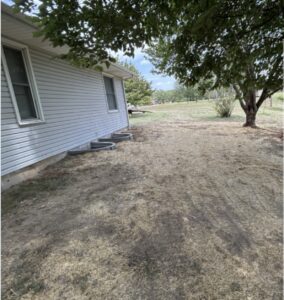 A side view of a house with white siding, two windows, window wells, and a patchy, dry lawn with a few trees in the yard.