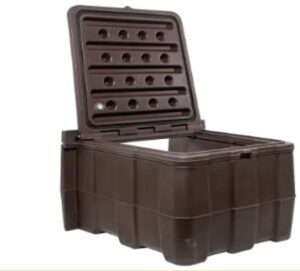 A large, brown plastic storage container with a hinged lid open, showing the empty interior—ideal for organizing tools or supplies needed for crawlspace door installation.