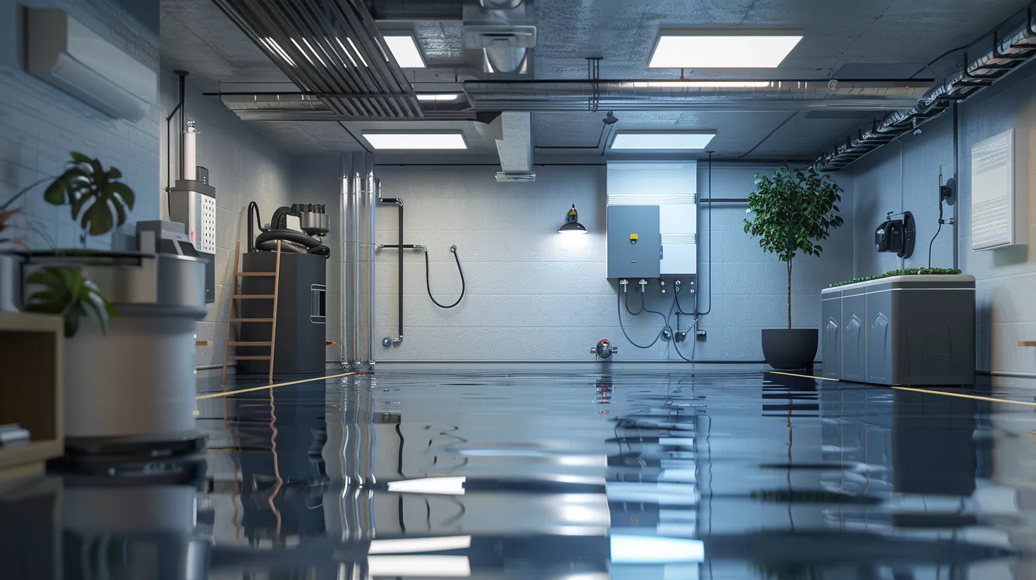 a contemporary basement interior showcases advanced waterproofing solutions, featuring sleek waterproof membranes on walls, a high-efficiency sump pump in action, and a dehumidification system, all illuminated by bright overhead lights in a modern, well-organized space.