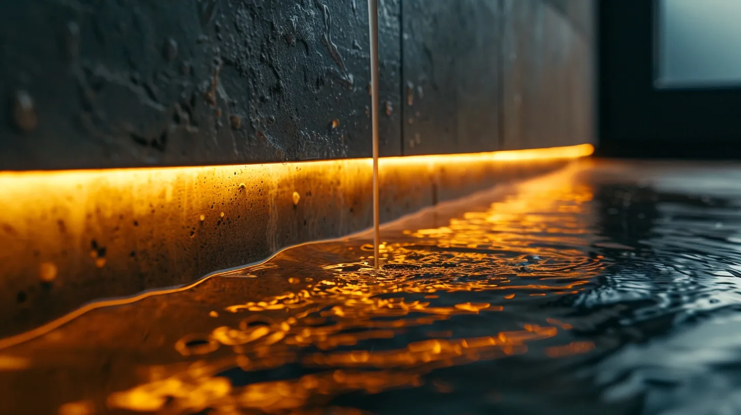 a detailed, close-up view of a modern basement waterproofing system, showcasing advanced materials and technology, set against the backdrop of a dimly lit, slightly damp foundation wall, highlighting the urgent need for effective drainage solutions to prevent water damage.