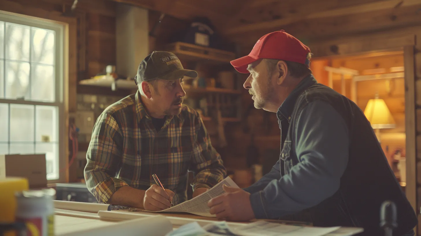a detailed indoor scene shows a concerned homeowner discussing waterproofing solutions with a knowledgeable contractor amidst blueprints, tools, and visual aids that highlight the impacts of poor drainage on property integrity.