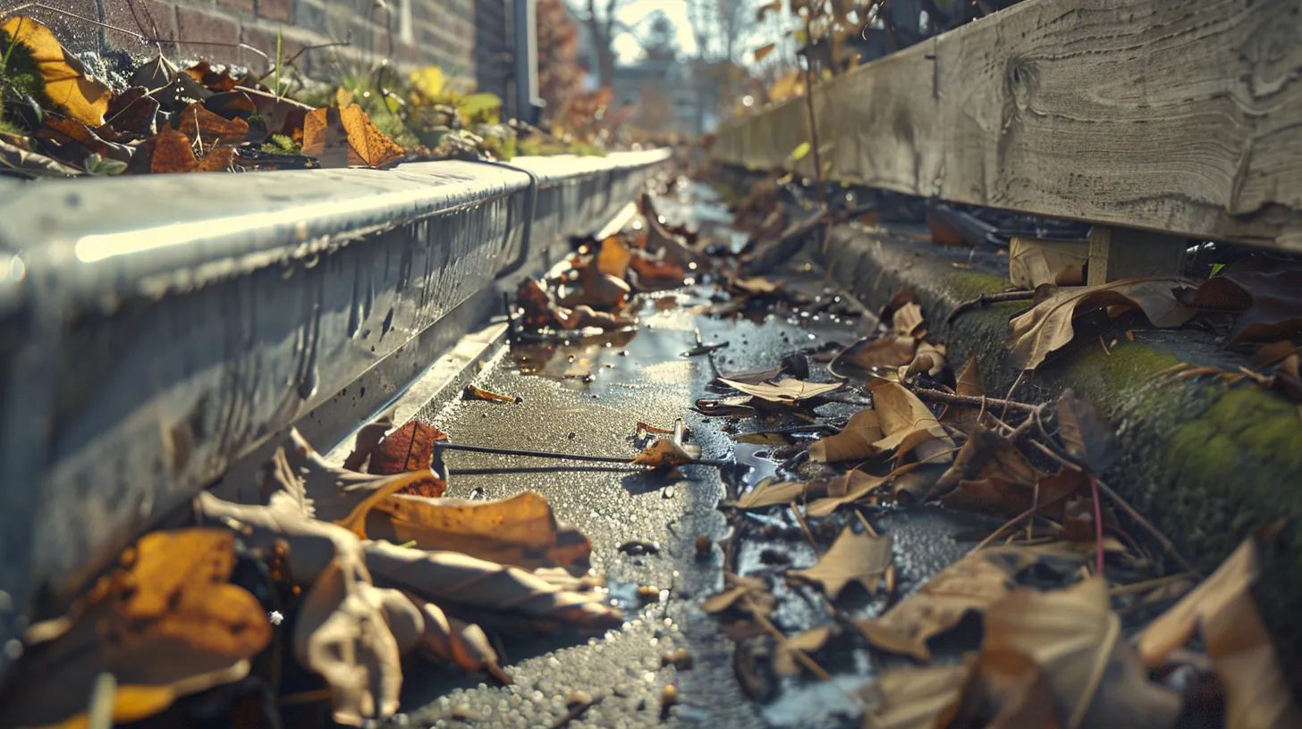 a detailed urban property scene showcases a close-up of compromised gutters overflowing with debris, illustrating poor drainage issues exacerbated by a negative yard slope, along with visible signs of water pooling around a foundation, effectively highlighting the importance of proper drainage management.