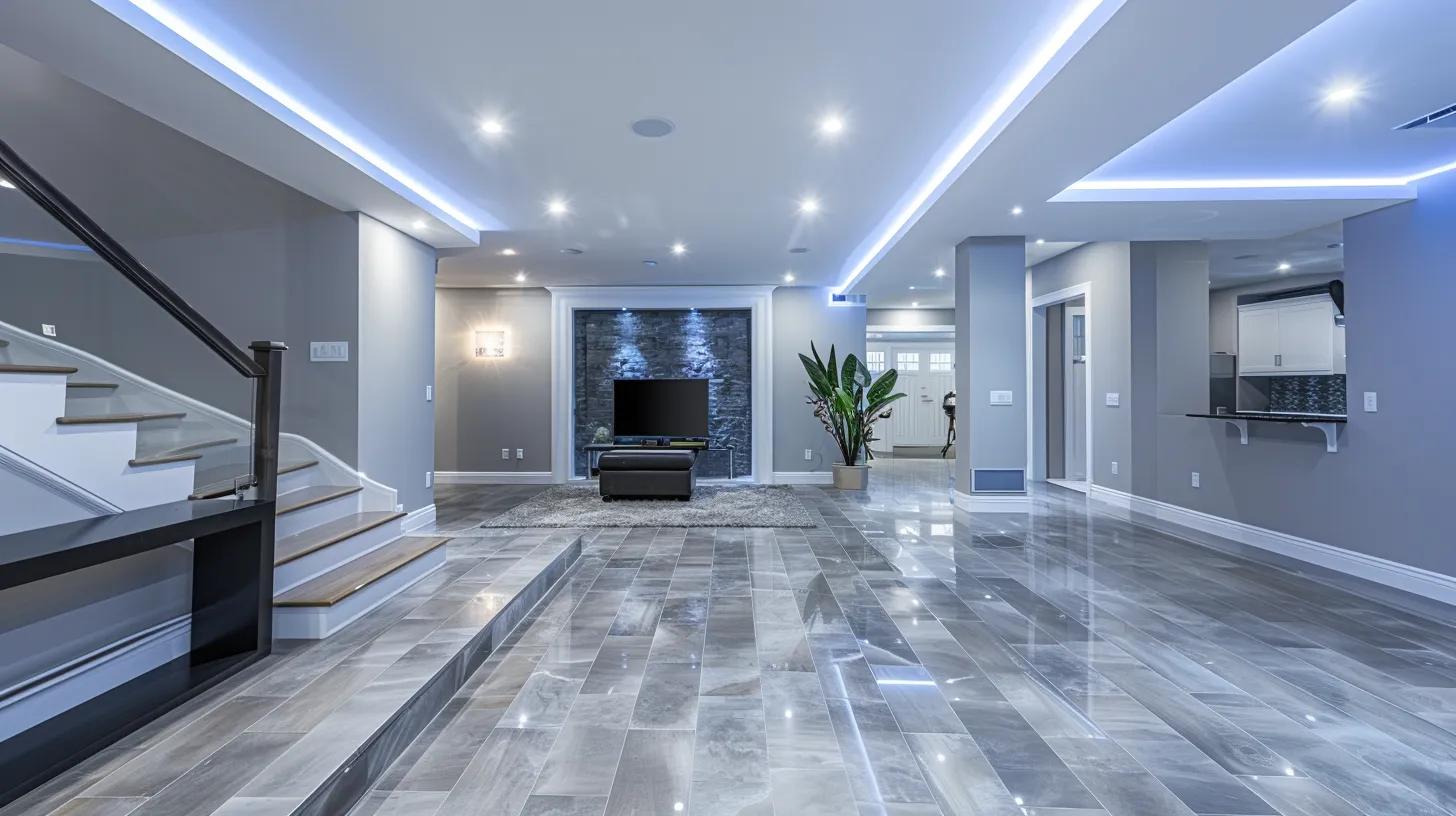 a sleek, modern basement with advanced waterproofing technology on display, showcasing well-sealed walls and gleaming flooring under bright artificial lighting, emphasizing the importance of moisture control in residential spaces.