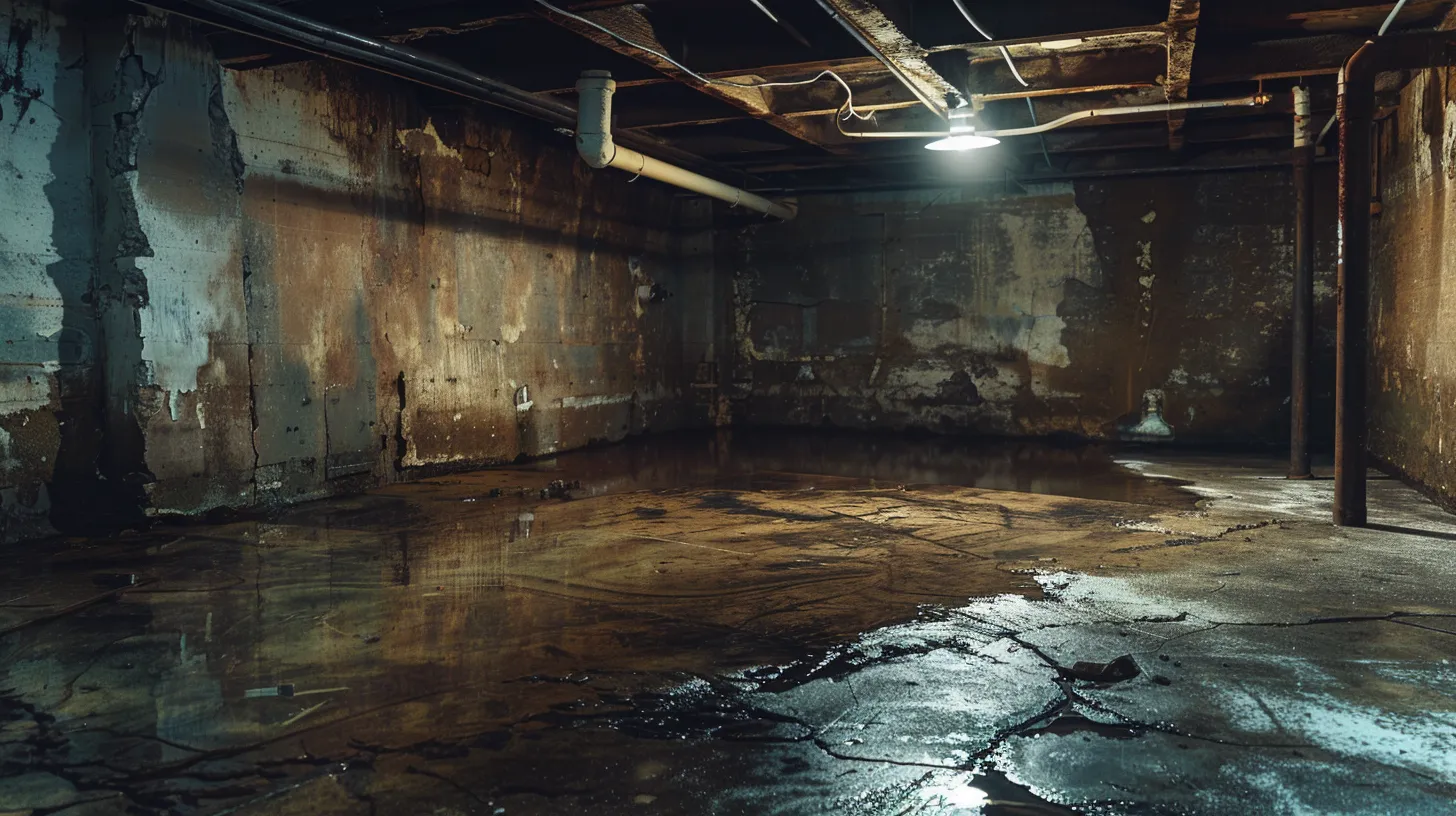a starkly illuminated basement with visible water pooling on a cracked concrete floor, highlighting the severe effects of faulty drainage on waterproofing, surrounded by moisture-stained walls and hints of mold growth in the corners.
