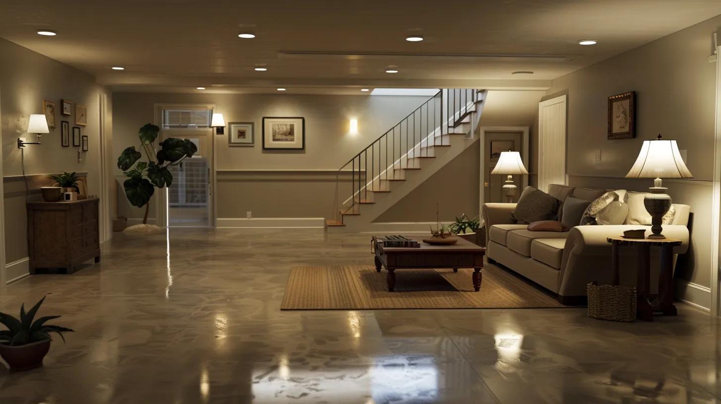 a well-lit, modern basement featuring sleek waterproofing solutions seamlessly integrated into the walls, showcasing a clean, dry environment with versatile furniture arrangements that illustrate enhanced usable space and indoor air quality.