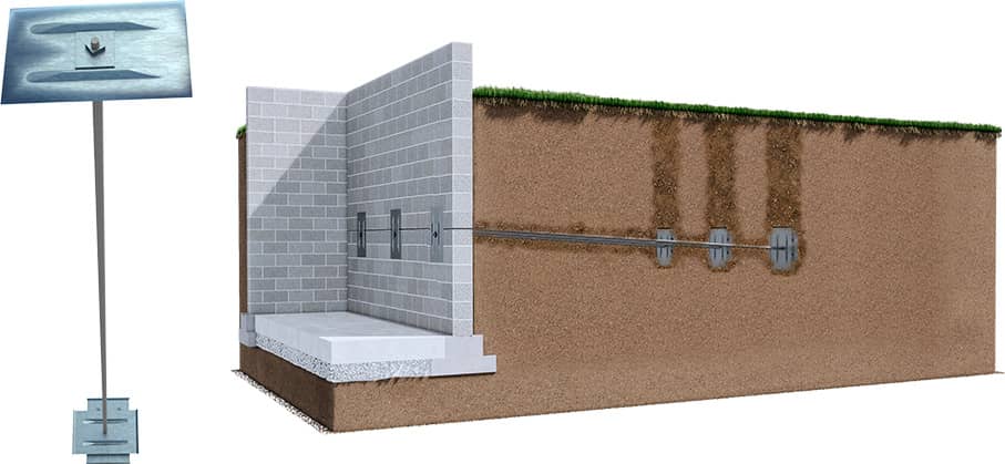Diagram of a retaining wall with anchors embedded in the soil. A small sign displays an overhead view and a close-up of an anchor.