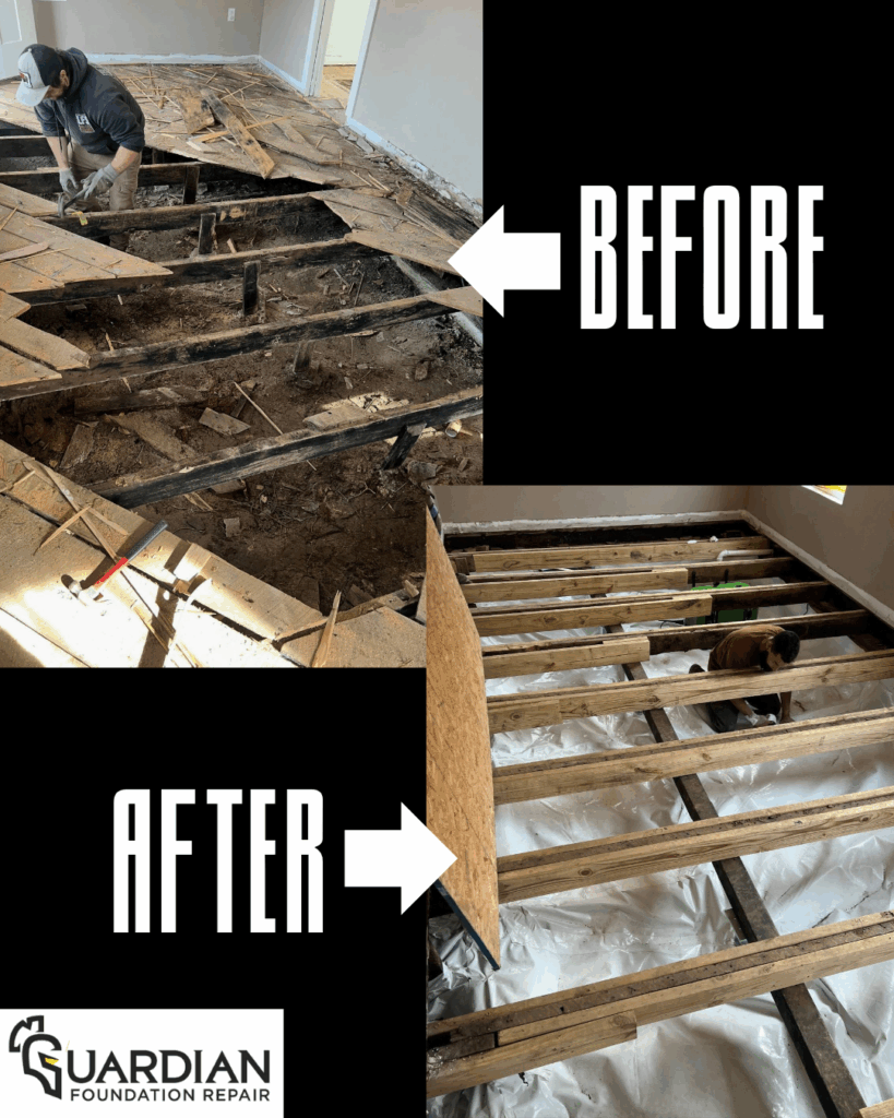 Split image showing a damaged floor being repaired; top half labeled