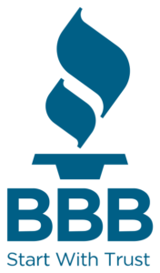 Blue logo of Better Business Bureau with stylized torch and the words