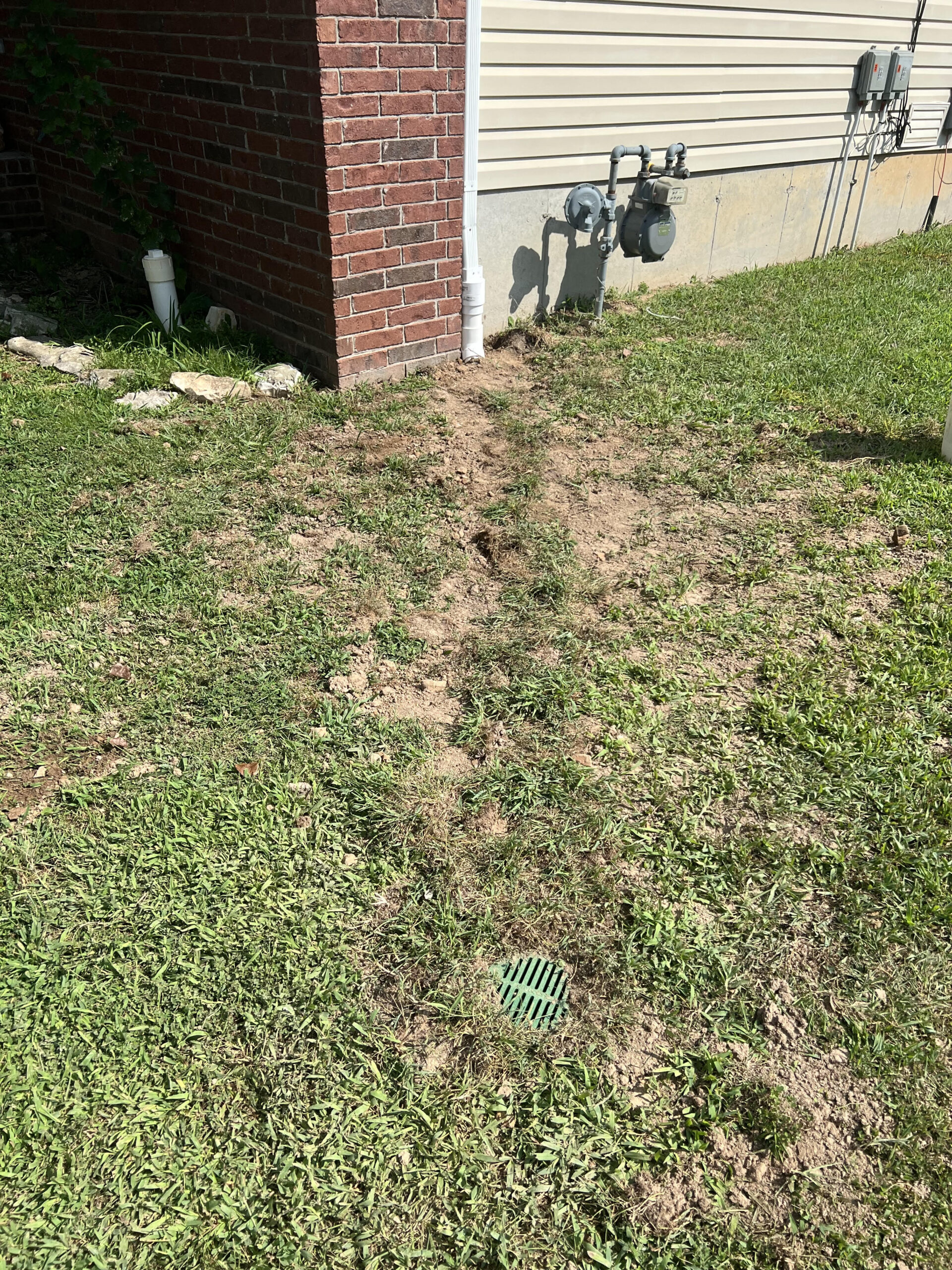 A grassy area with a bare patch shows a slight trench leading to a green drain cover, next to a brick and siding exterior of a house.