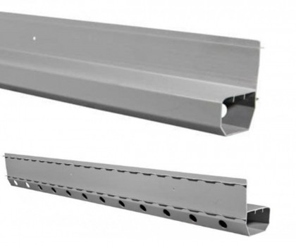 Two angled views of a gray metal guardrail segment, with one solid and the other featuring holes along one side.