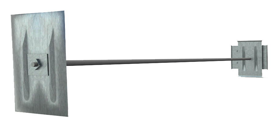 Steel Earth Anchor with two square, flat plates and a long connecting rod. Designed for stabilizing structures through soil anchorage.